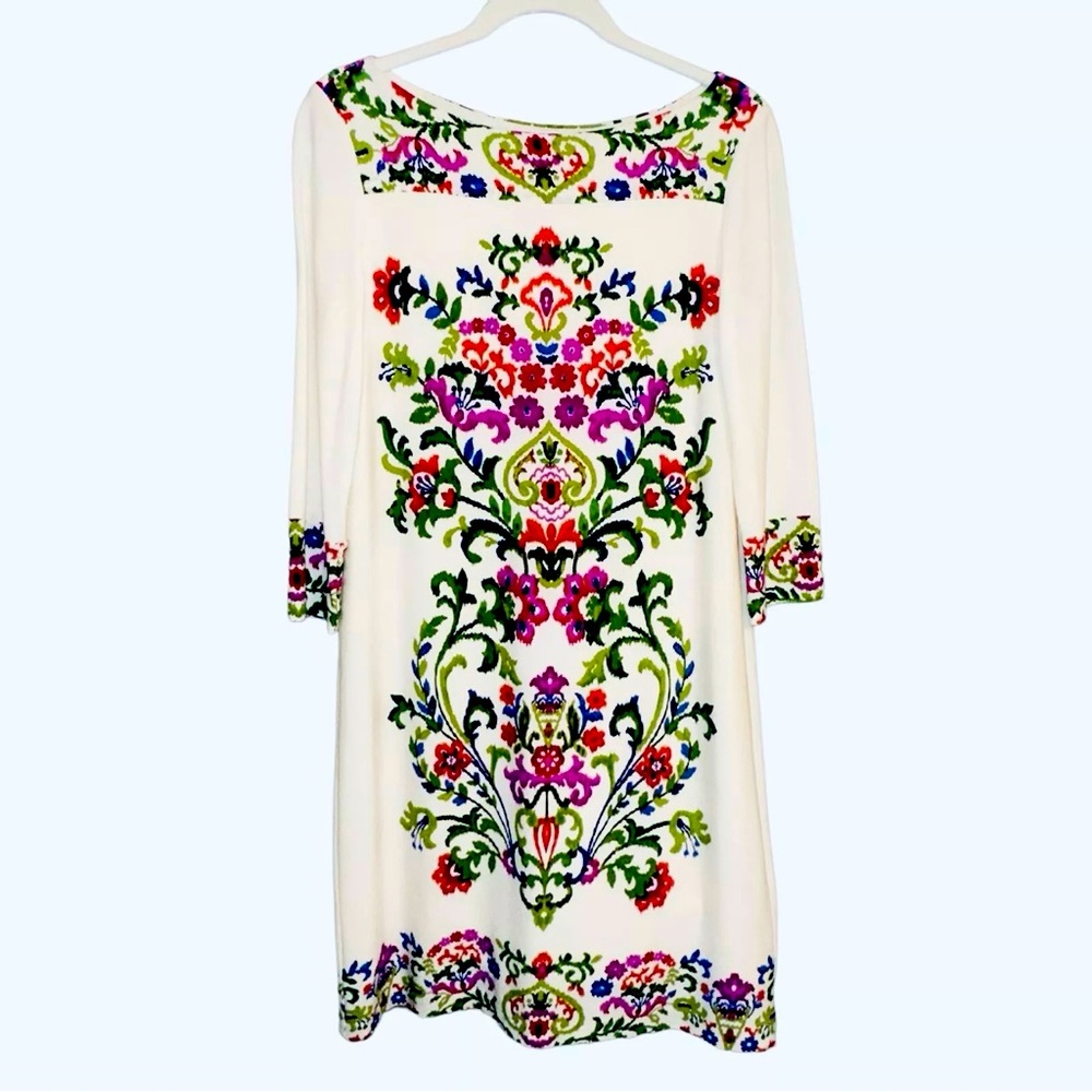 London Times 3/4 Sleeve Boat Neck Dress 8 Fuchsia Green Floral On White Modest